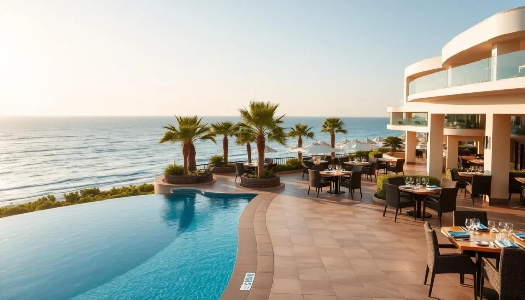 Image of a luxurious beachfront hotel in Ciudad De La Costa with a pool and restaurant. Image of a luxurious beachfront hotel in Ciudad De La Costa with a pool and restaurant.