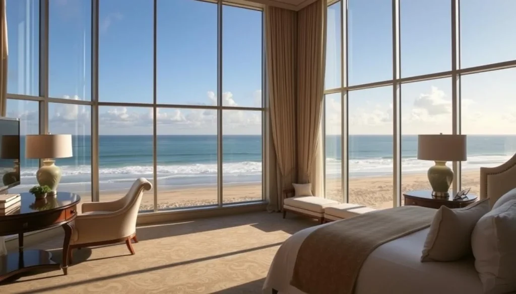 Image of a luxurious hotel room with a view of the beach Image of a luxurious hotel room with a view of the beach