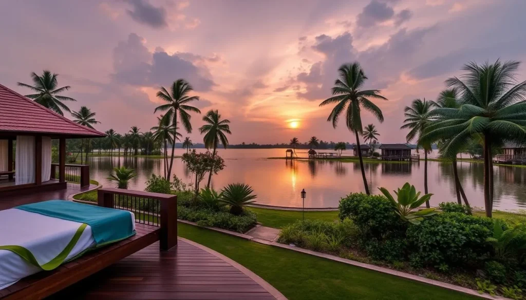 Image of a luxury resort overlooking the backwaters of Kayamkulam