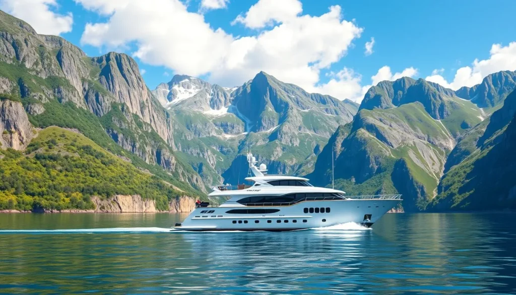 Image of a luxury yacht cruising through the fjords