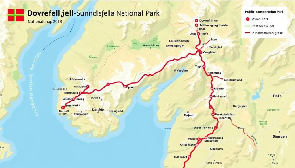 Image of a map of Dovrefjell-Sunndalsfjella National Park with transportation routes