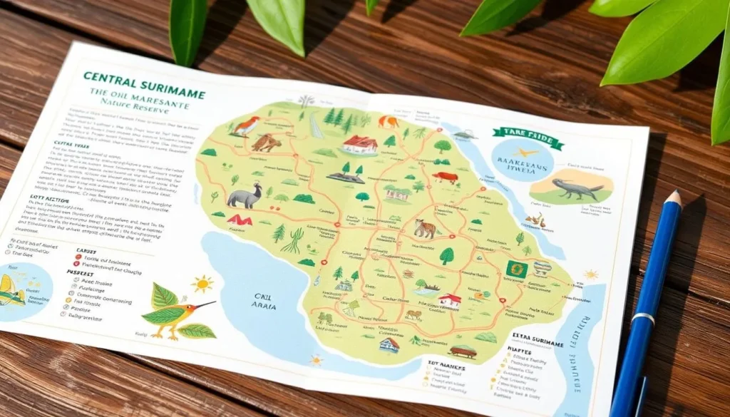 Image of a map or a guide planning a trip to Central Suriname Nature Reserve