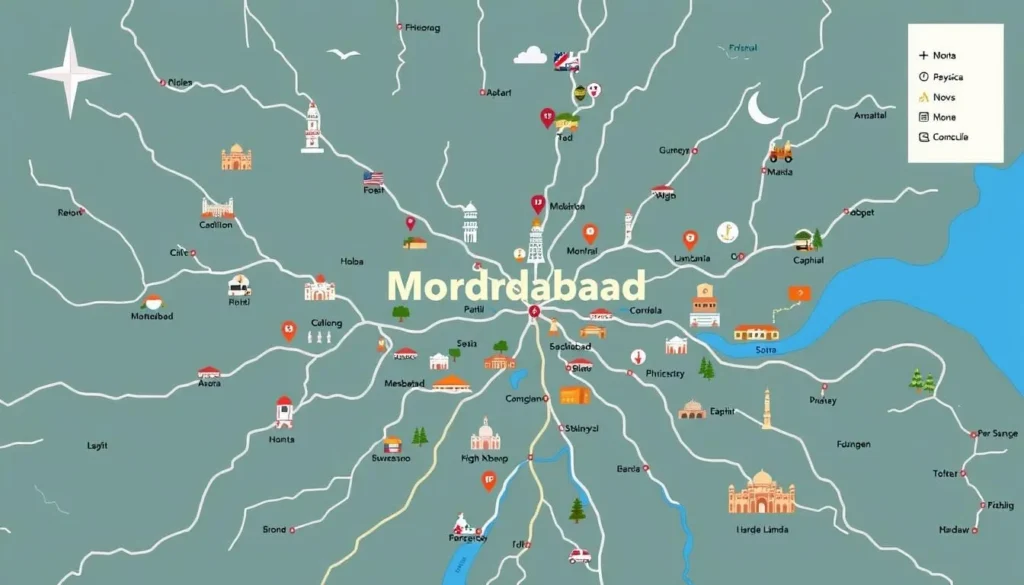 Image of a map showing Moradabad and nearby attractions