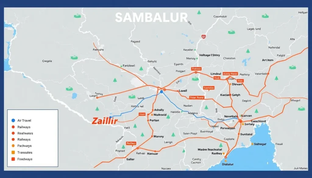 Image of a map showing Sambalpur's connectivity via air, rail, and road.