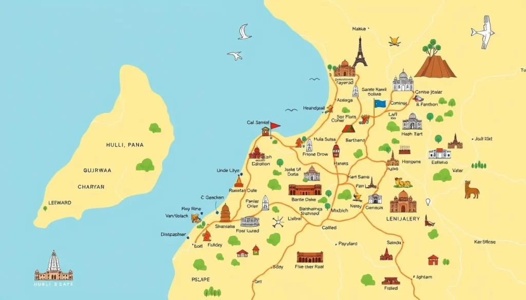 Image of a map showing day trip destinations around Hubli-Dharwad
