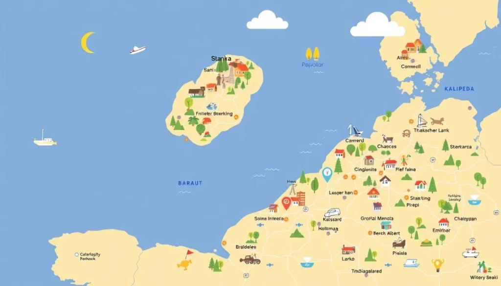 Image of a map showing day trip destinations around Klaipeda