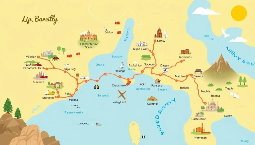 Image of a map showing day trip destinations from Bareilly