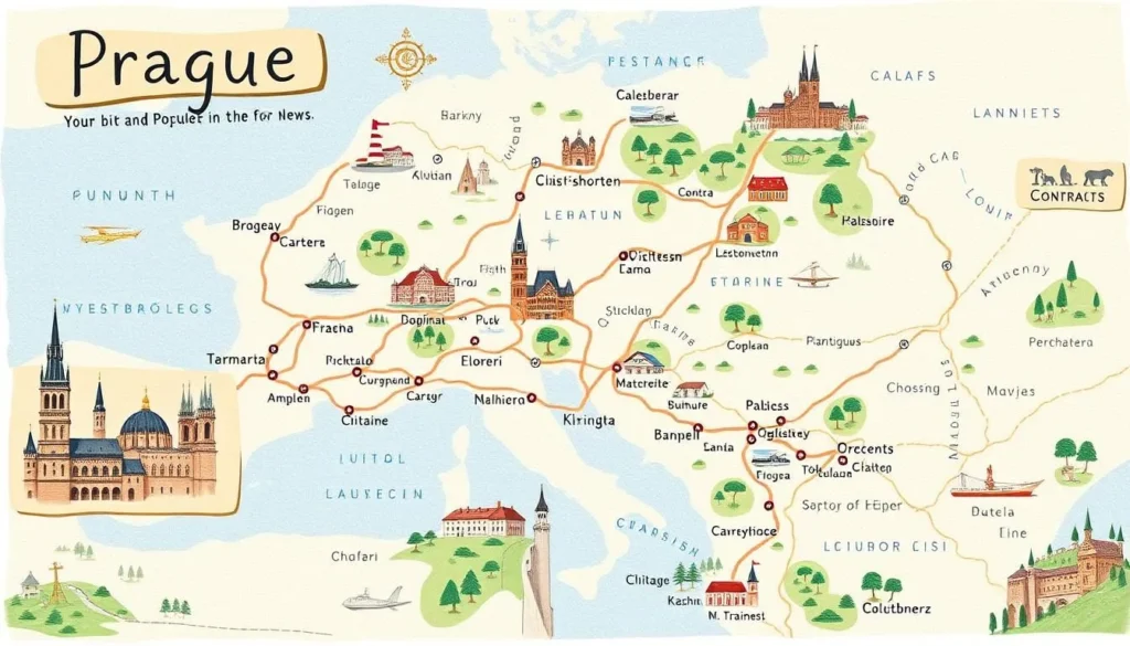 Image of a map showing day trip destinations from Prague