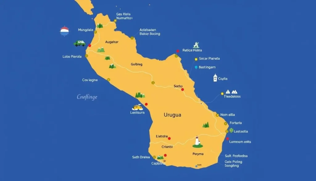Image of a map showing day trip routes from Las Piedras, Uruguay