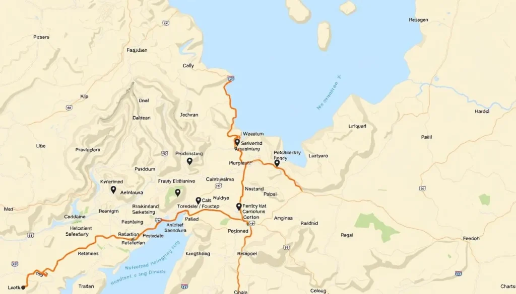 Image of a map showing the Kungsleden Trail and its access points