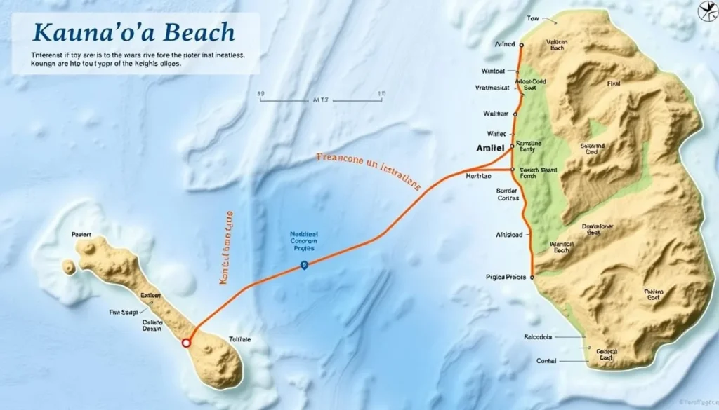 Image of a map showing the directions to Kauna'oa Beach