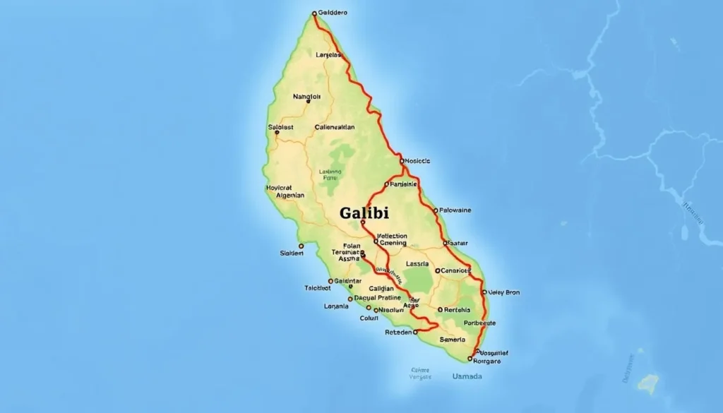Image of a map showing the location of Galibi, Suriname, and the typical travel routes.