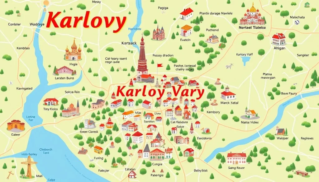 Image of a map showing the location of Karlovy Vary and nearby attractions