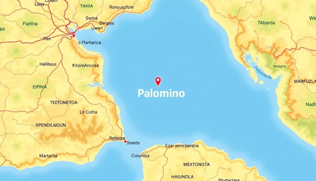 Image of a map showing the location of Palomino, Colombia, and the nearest airport.