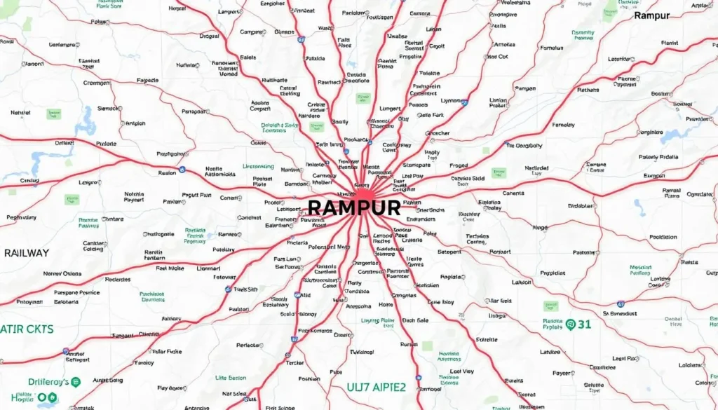 Image of a map showing the location of Rampur, Uttar Pradesh, with major transportation routes highlighted.