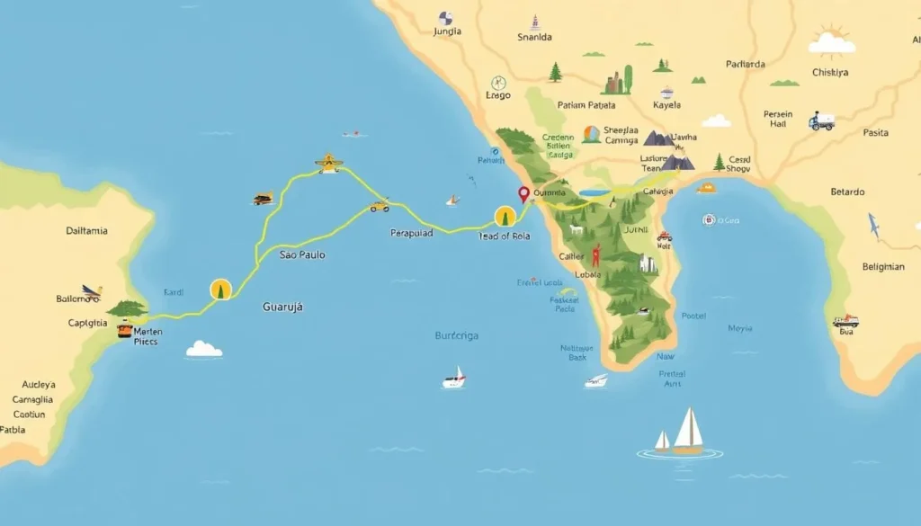 Image of a map showing the route from São Paulo to Guaruja Image of a map showing the route from São Paulo to Guaruja