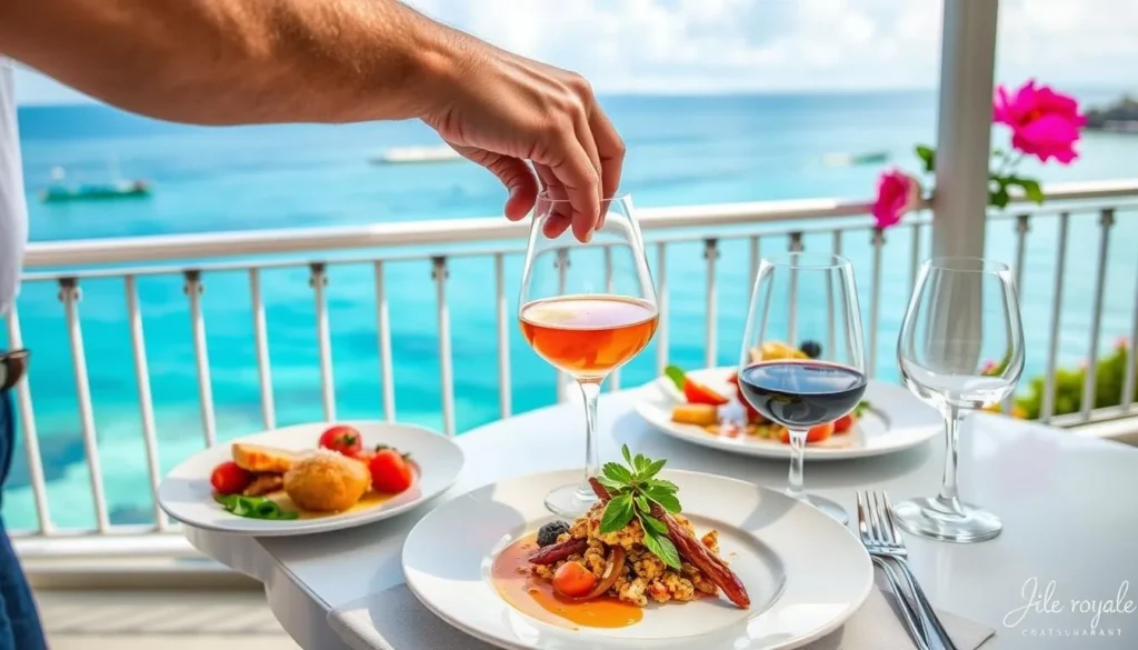 Image of a meal being served on the terrace of the Île Royale restaurant, overlooking the ocean.