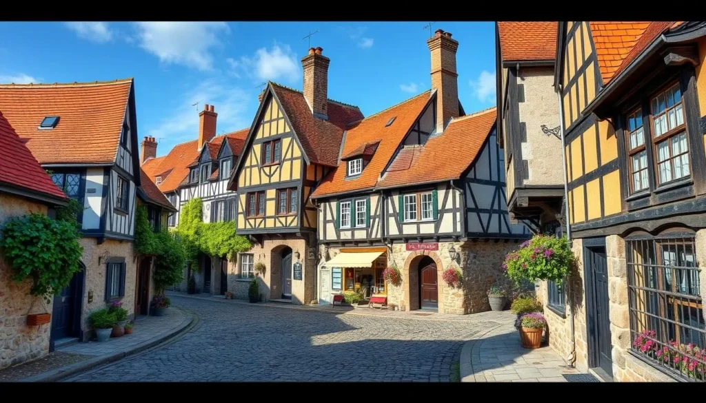 Image of a medieval town in Brittany, France, with cobbled streets and half-timbered houses.