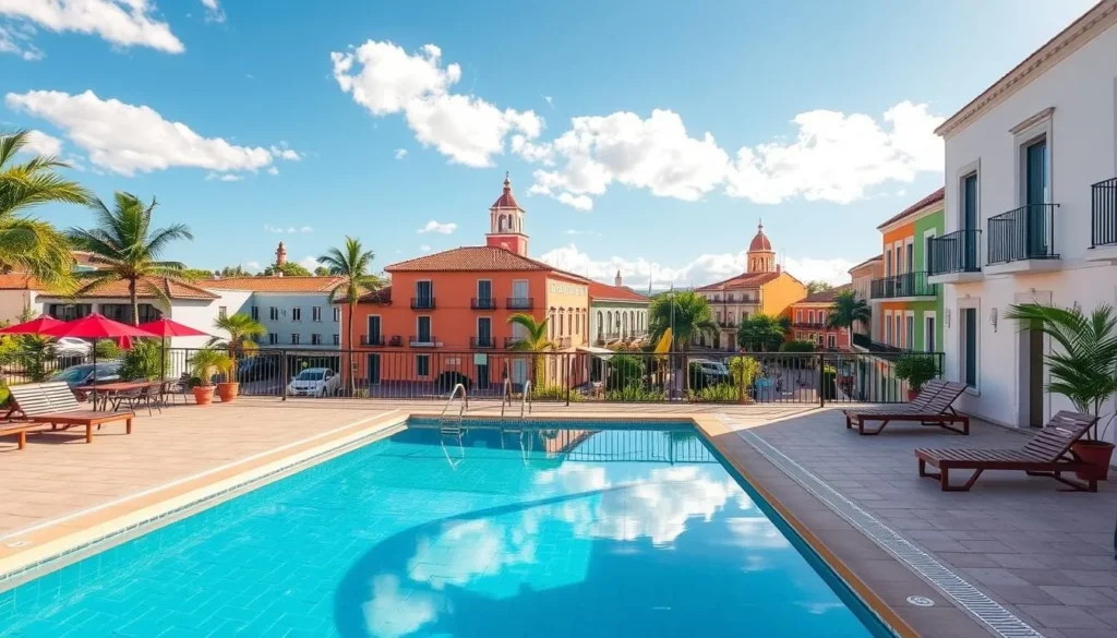 Image of a mid-range hotel with a pool in Colonia del Sacramento