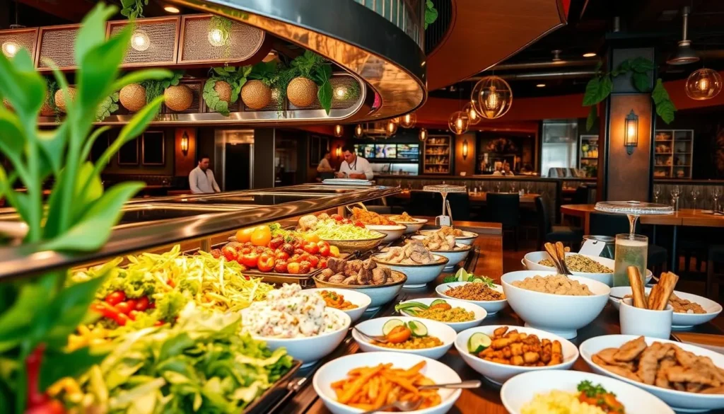 Image of a modern Brazilian steakhouse with a vibrant salad bar and diverse vegetarian options
