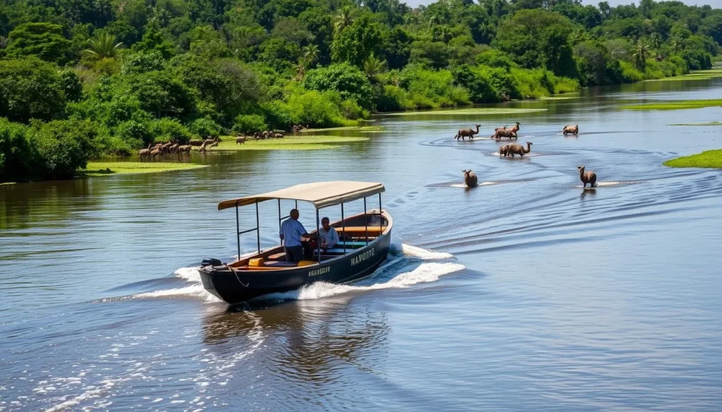 Image of a motorized pirogue on the Maroni River