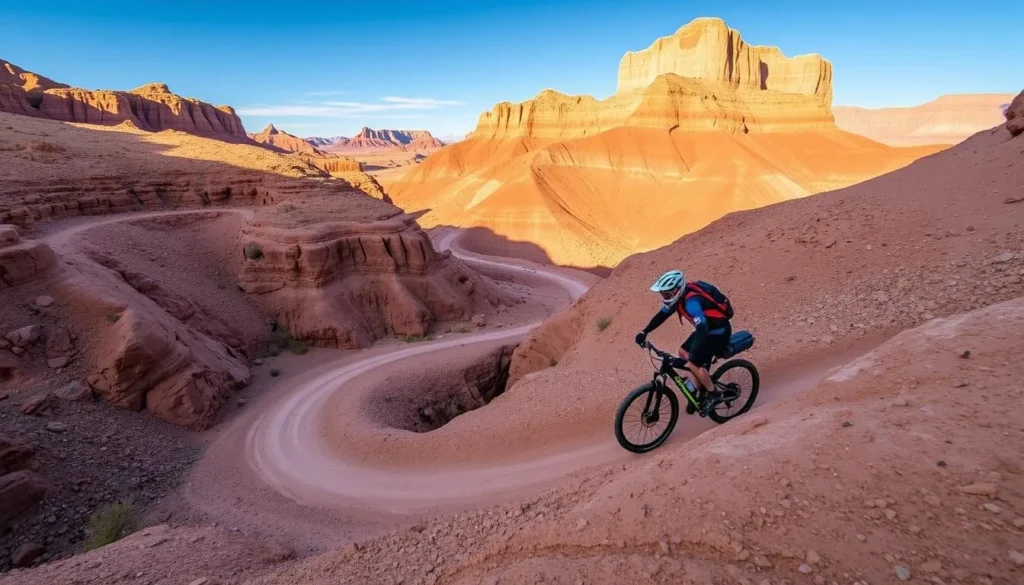 Image of a mountain biker navigating through a winding desert canyon near San Pedro de Atacama
