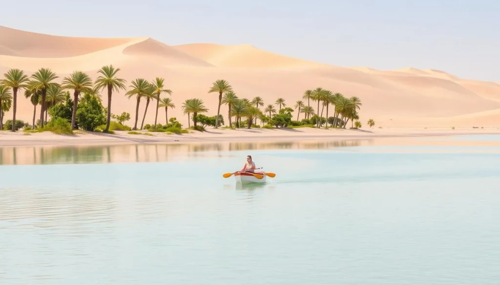 Image of a paddle boat on the serene Huacachina lagoon