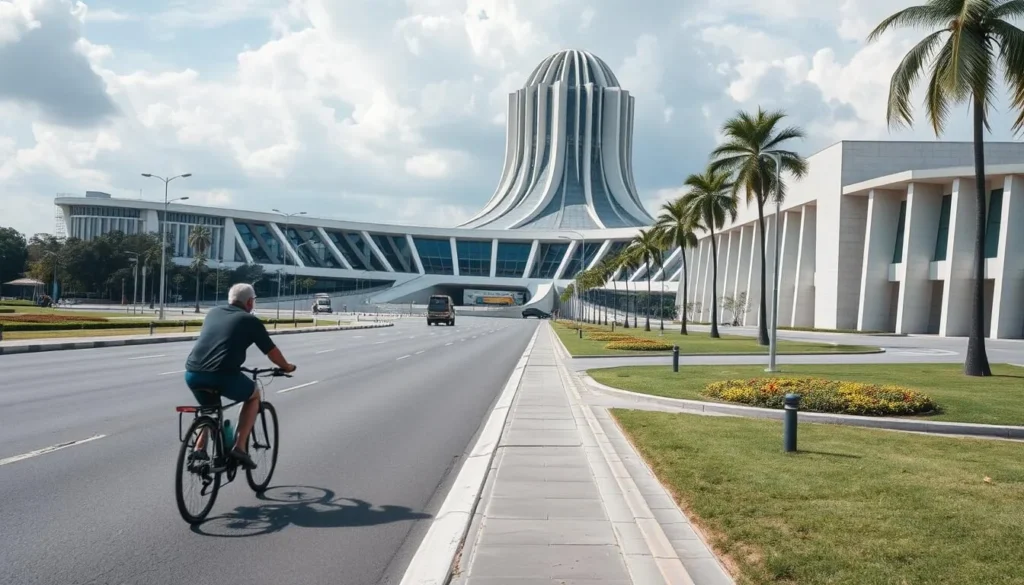 Image of a person cycling along a wide avenue in Brasilia, with modernist architecture in the background.