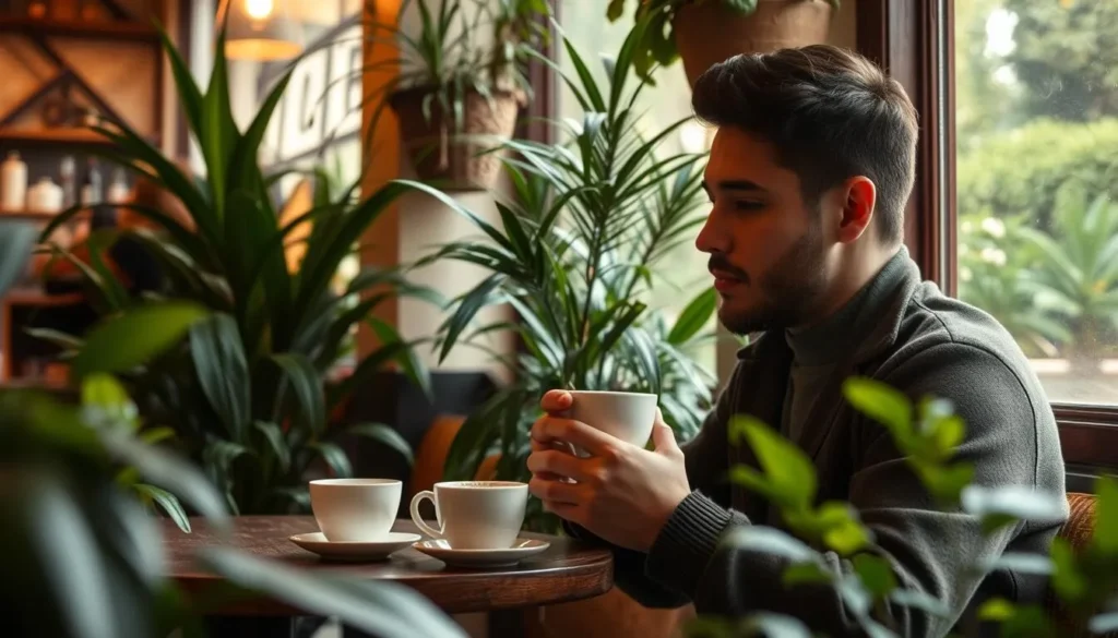 Image of a person enjoying mate in a café Image of a person enjoying mate in a café