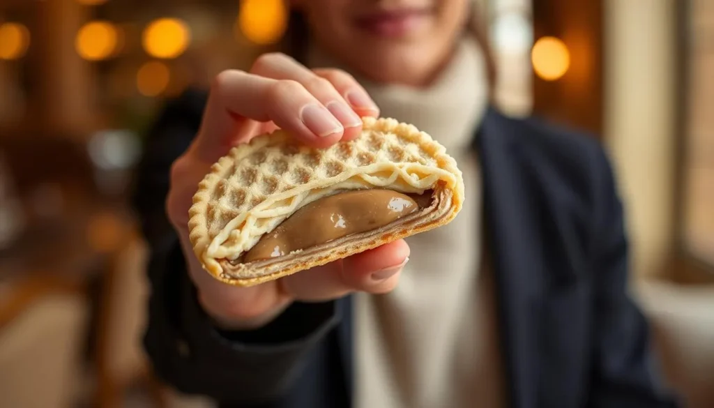Image of a person holding a Carlsbad wafer with a hazelnut filling