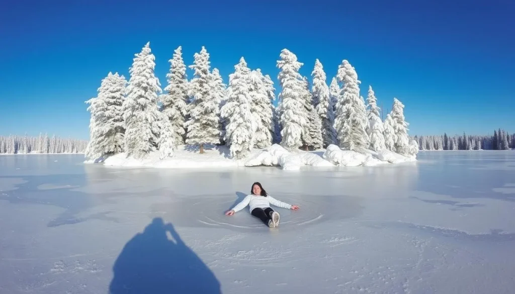 Image of a person ice floating in a frozen lake in Rovaniemi Image of a person ice floating in a frozen lake in Rovaniemi