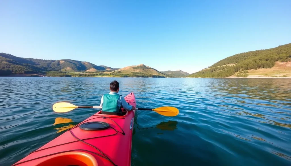 Image of a person kayaking on Lake Hornavan with crystal-clear waters and a serene surrounding landscape.