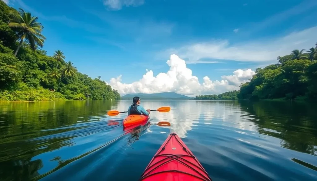 Image of a person kayaking through the calm waters of Kayamkulam Kayal