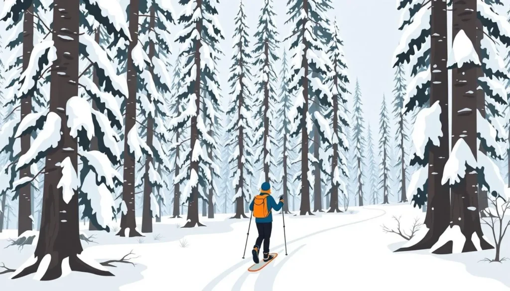 Image of a person snowshoeing through a forest in Alta, Norway