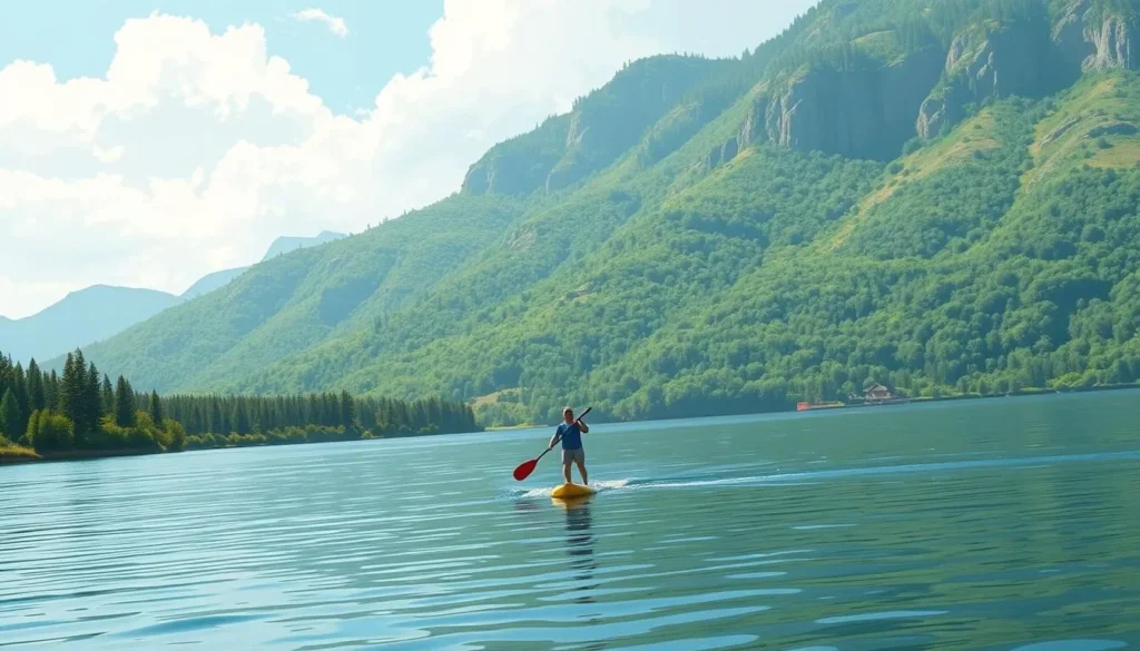 Image of a person stand-up paddleboarding on Slapy Reservoir with a beautiful backdrop