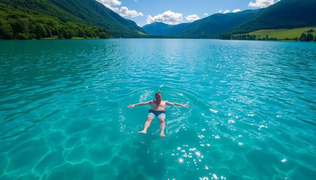 Image of a person swimming in the crystal-clear waters of Lake Ovrekjala
