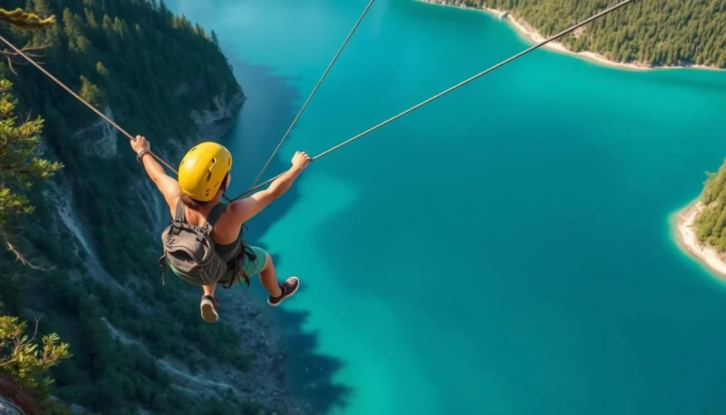 Image of a person ziplining over Lake Most