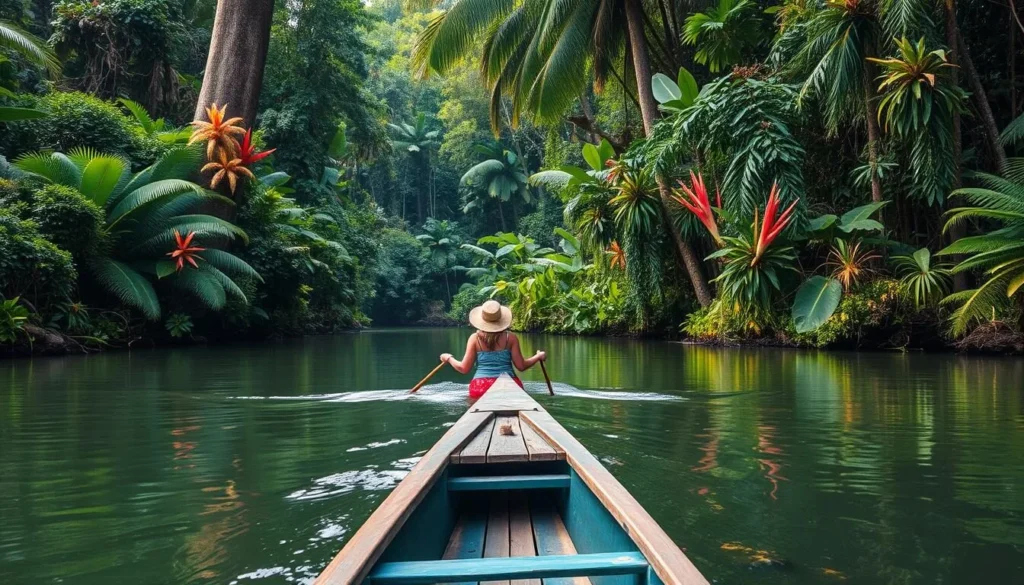 Image of a pirogue canoe navigating through the Sinnamary River rainforest