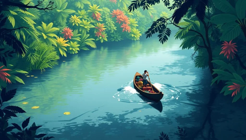 Image of a pirogue navigating through the calm waters of the Maroni River, surrounded by lush rainforest.