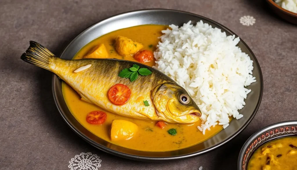 Image of a plate of shorshe ilish with a side of rice
