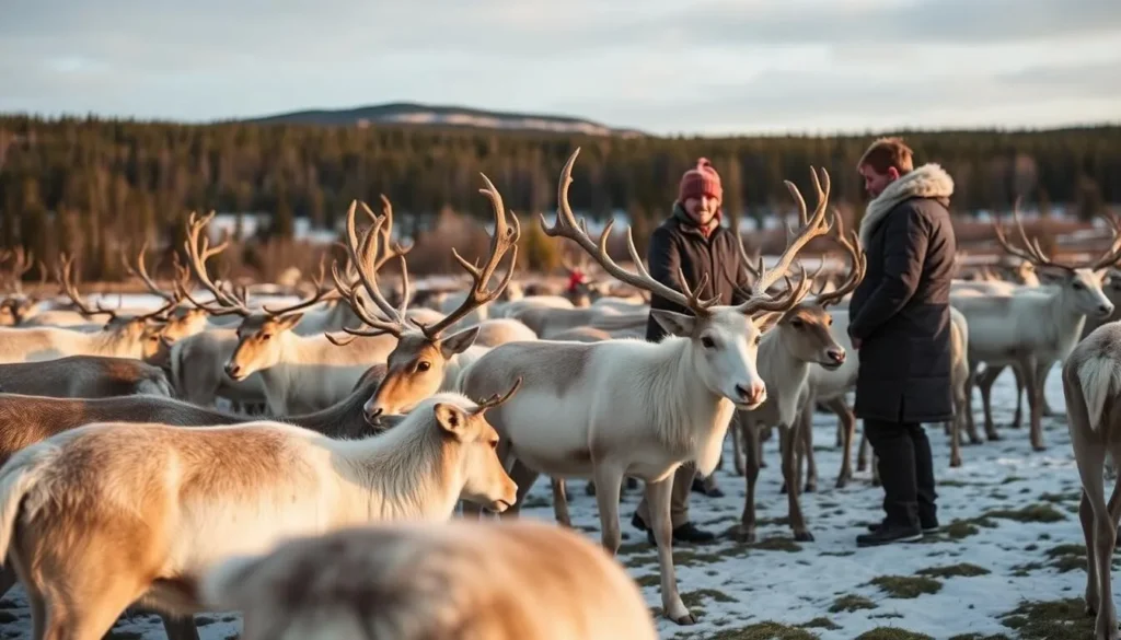 Image of a reindeer farm near Lake Inari with herders and reindeer