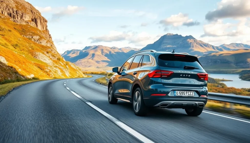 Image of a rental car driving along a scenic Bodo road