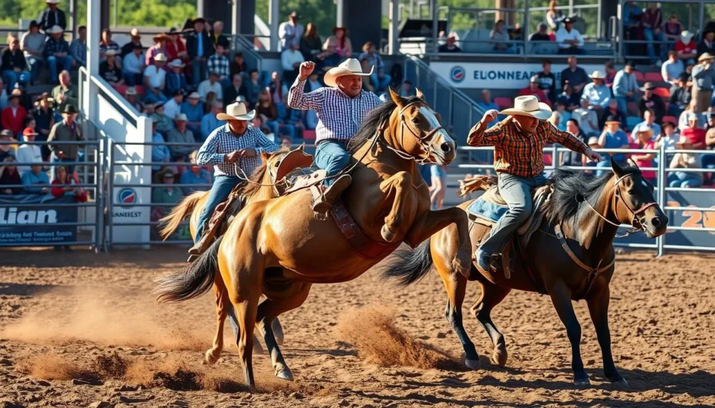 Image of a rodeo event with cowboys riding bucking broncos