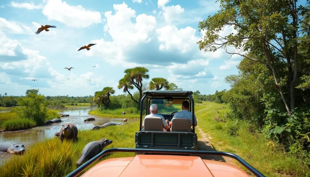 Image of a safari vehicle in the Pantanal Wetlands with diverse wildlife