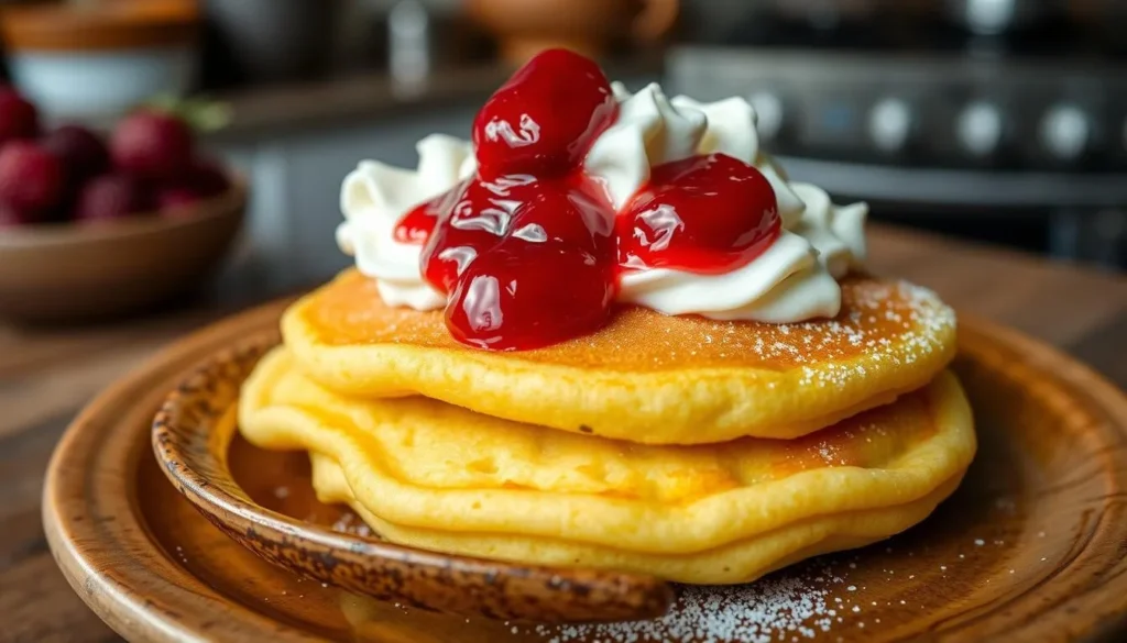 Image of a saffron pancake with whipped cream and dewberry jam