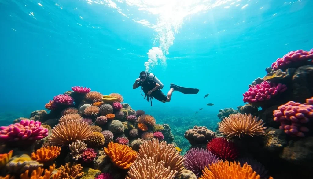 Image of a scuba diver exploring coral reefs near Port Blair