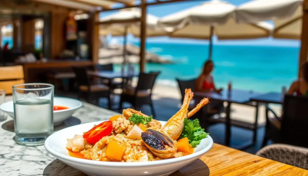 Image of a seafood dish at a beachside restaurant