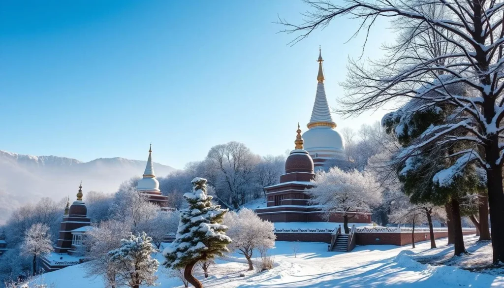 Image of a serene Bodh Gaya landscape during the winter season