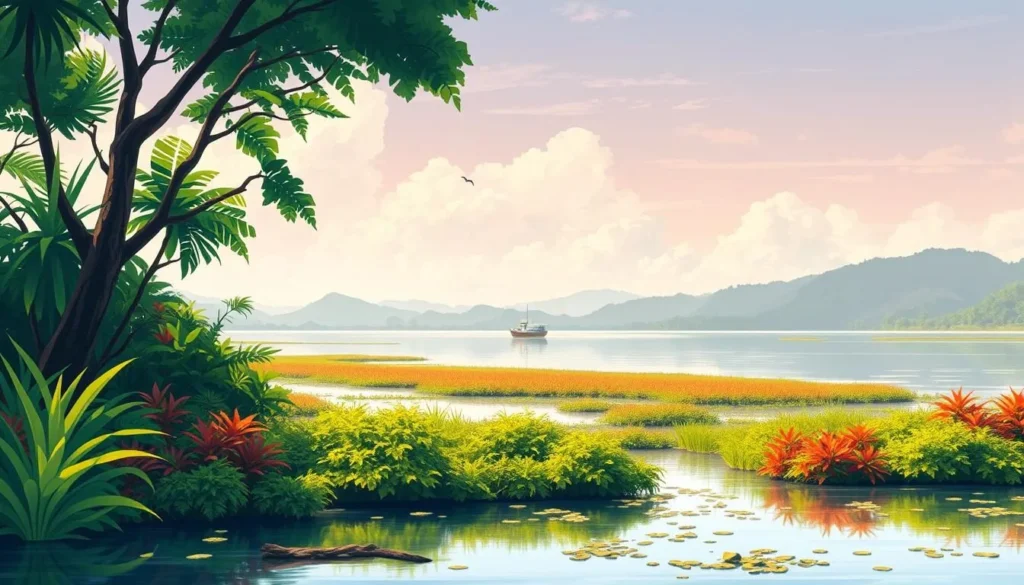Image of a serene Caura River landscape with lush vegetation and a boat in the distance