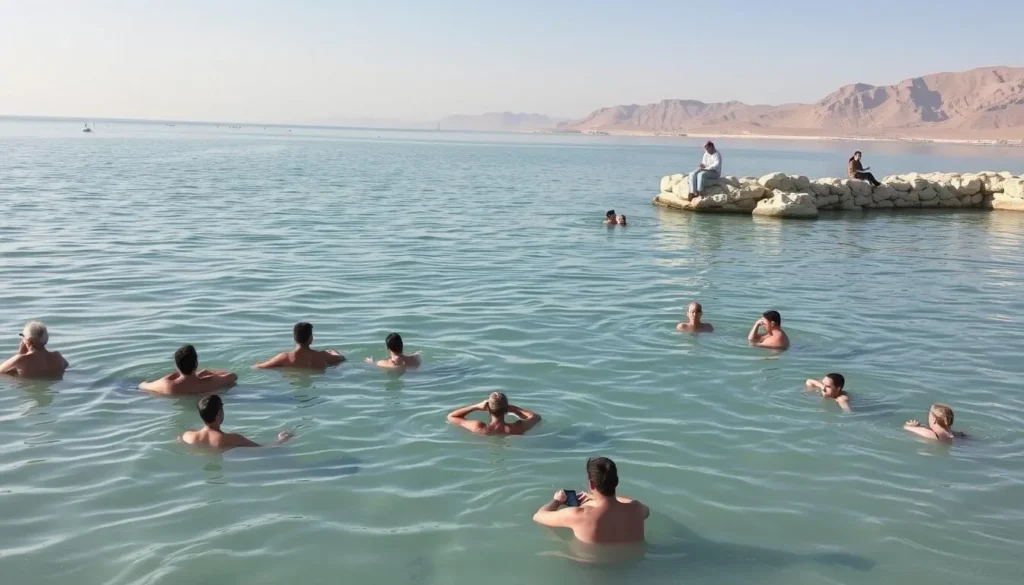 Image of a serene Dead Sea landscape with tourists enjoying the water and mud treatments.